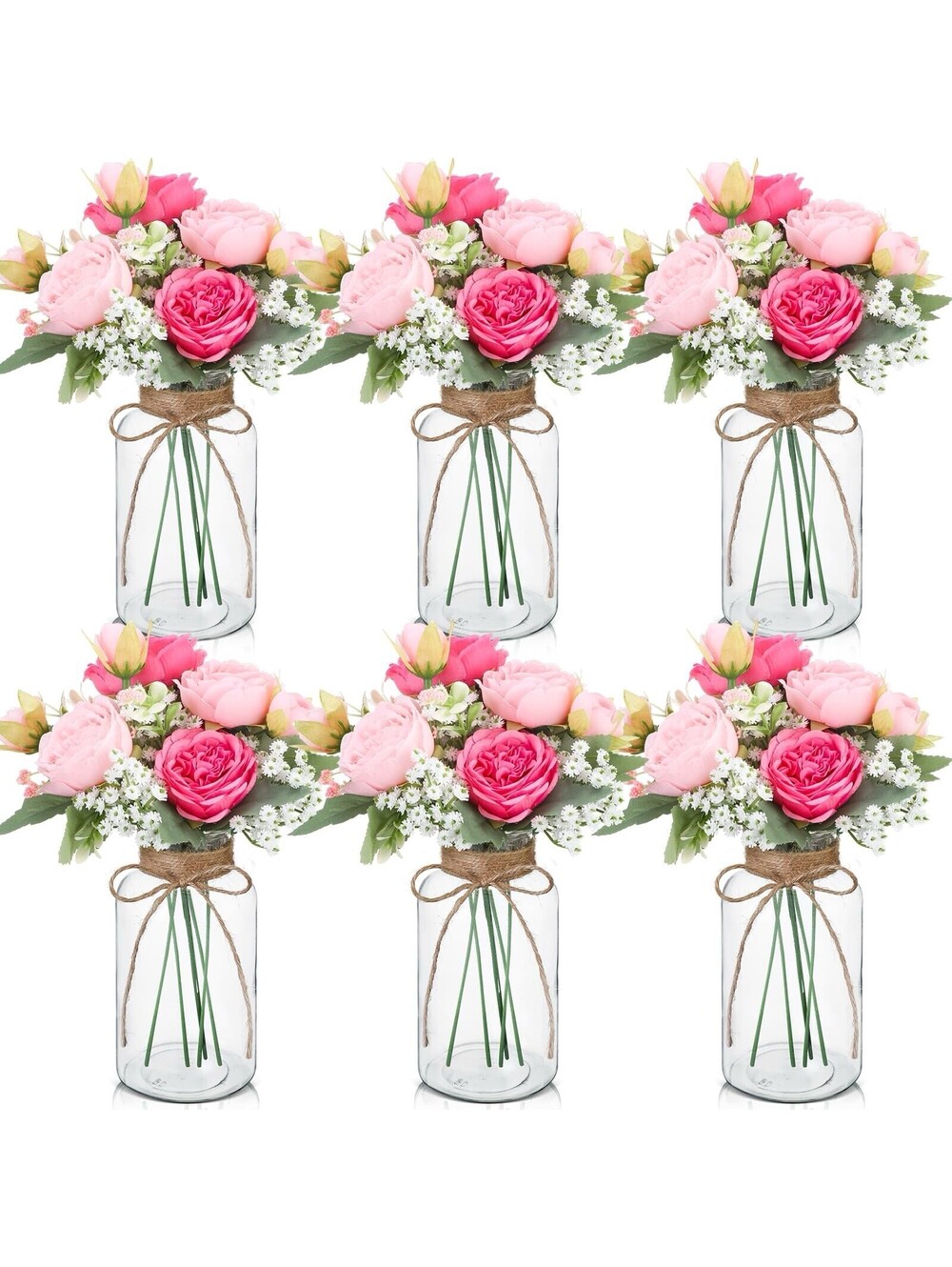 Rustic Mason Jar Centerpieces with Faux Peony & Baby's Breath - 6 Sets